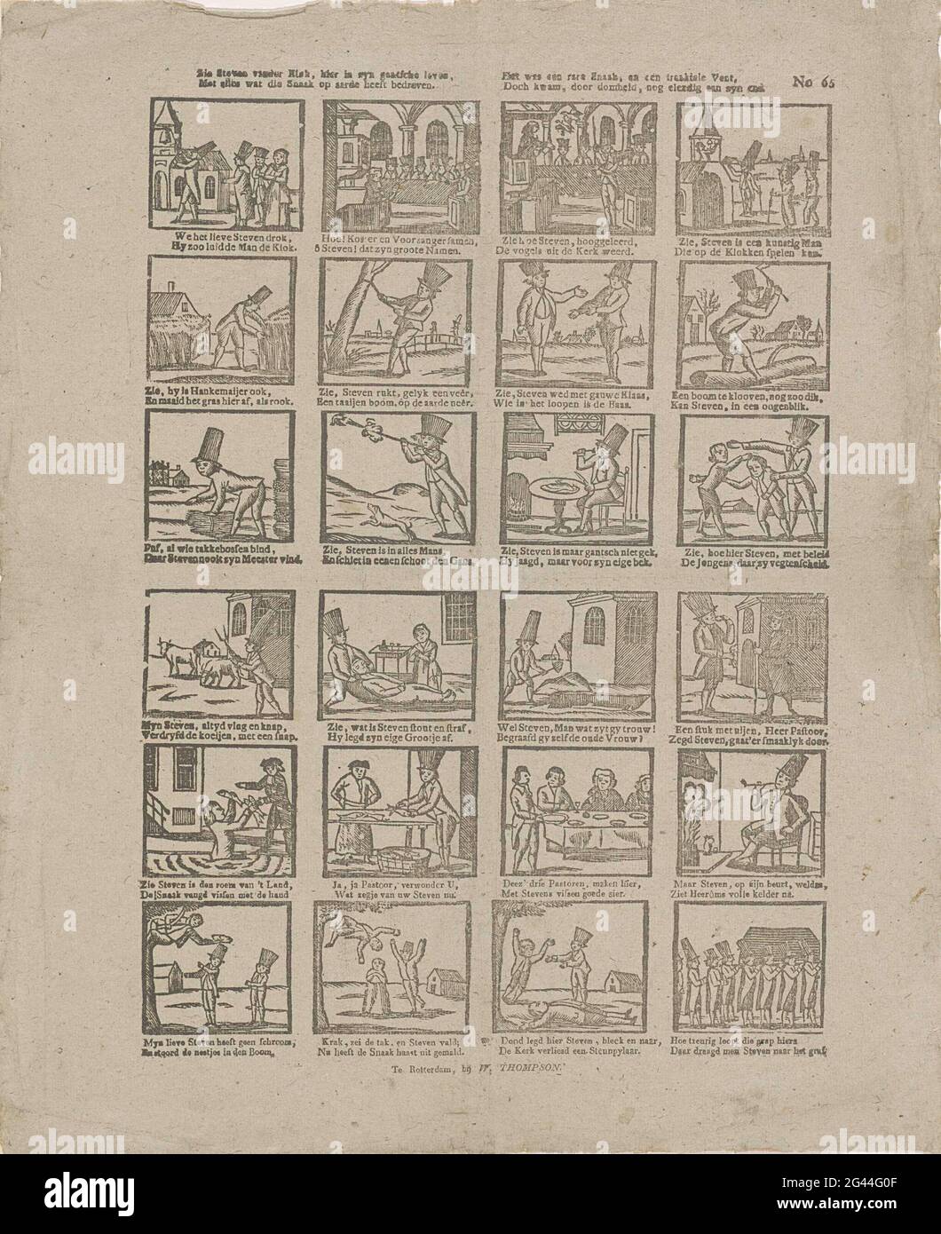 Vedi Steven van der Klok, qui a Zyn Gantsche Leven, / con tutto ciò che è stato dannoso per la terra. / e 'stato un lavoro strano, e un ragazzo tranble, / ma è venuto da stupidità, ancora alla sua fine. Foglio con 24 prestazioni sulla vita di Steven van der Klok. Sotto ogni immagine un fresco a due zampe. Numerato in alto a destra: N. 65. Foto Stock