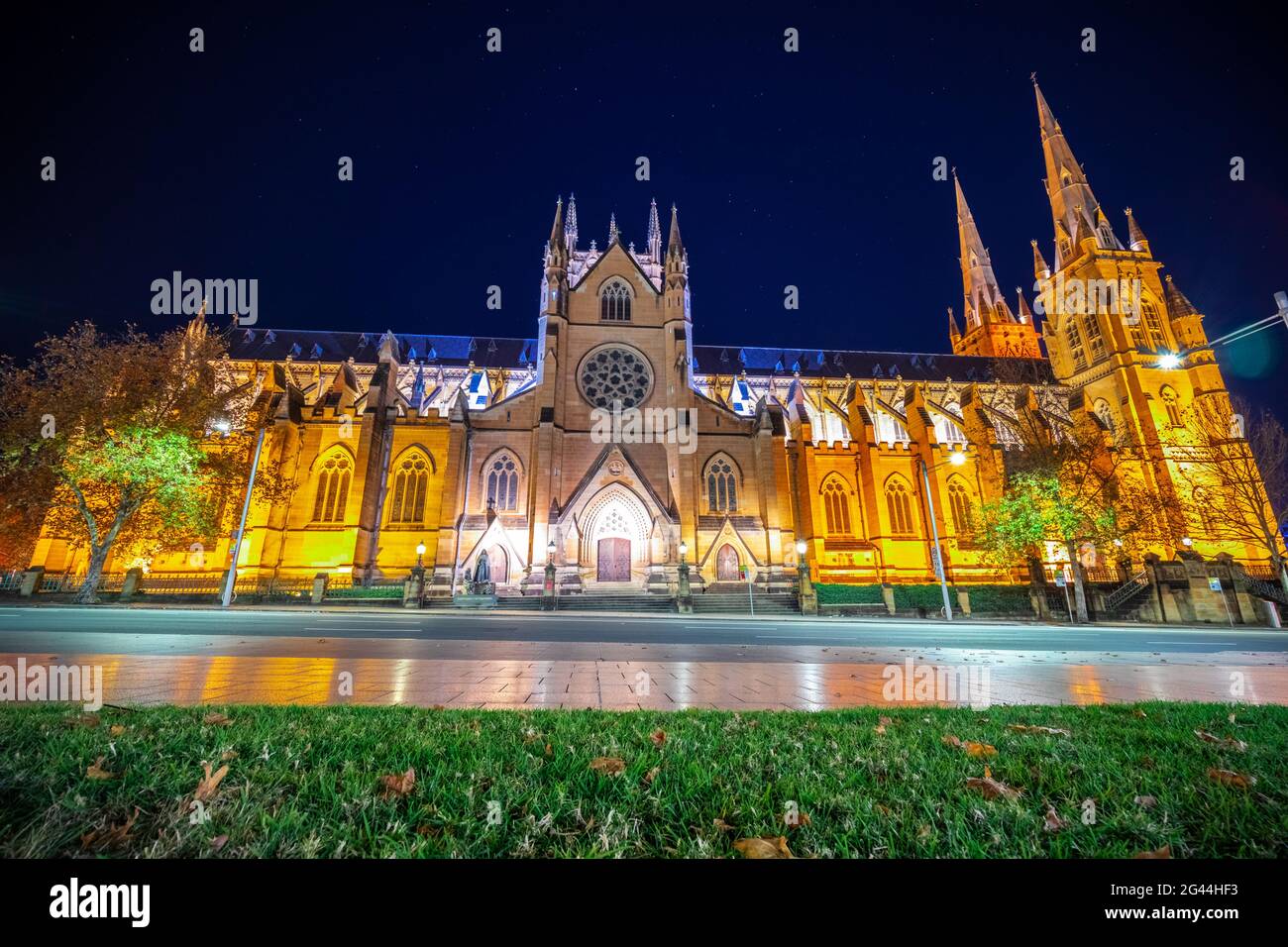 Notti luci della cattedrale di Santa Maria Chiesa luogo di culto religioso Sydney NSW Australia Saint Marys Cathedral Sydney Foto Stock