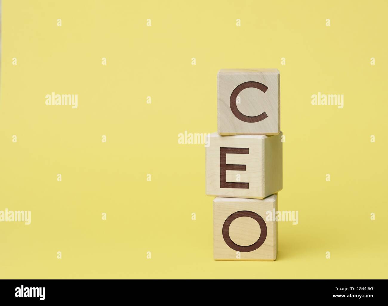 Iscrizione CEO su cubi di legno, sfondo giallo Foto Stock
