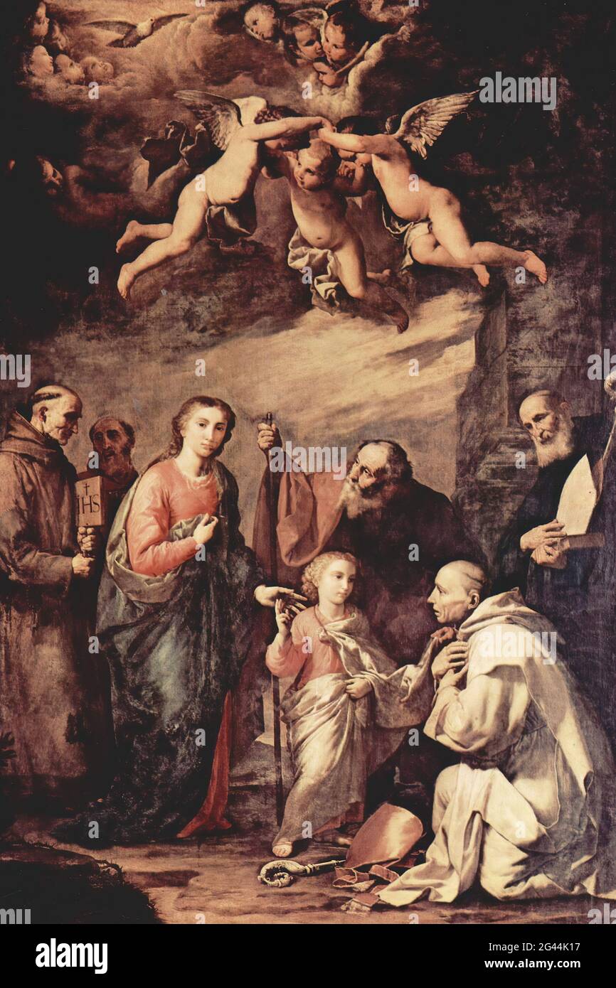 Jusepe De Ribera - Sacra Famiglia con San Bruno i Monaci certosini che hanno lasciato San Bernardo Sien St C 1635 Foto Stock