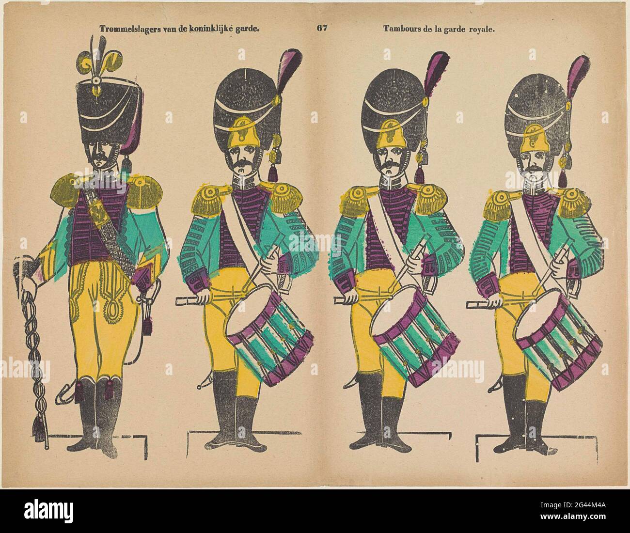 Drumsider della Guardia reale / Tamborns de la Garde Royale. Foglia con 4 spettacoli di musicisti militari. Numerato al centro sopra: 67. Foto Stock