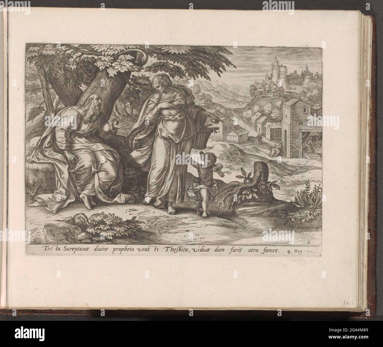 Elijah e la vedova di Sarrefat; Storia di Elia; Heliae et Sererdotum Balaami (...); Thesaurus sacrarum HistoriaRu [M] Veteris Testame [N] ti, Elega [N] Tissiminibus Expressu [M] Excelle [N] Tissimoru [M] Opera [M] in Hu [M] [M] [M] [M] [M] [ora] [M] [M] [M] [M] [M] [M] [mi] [M] [mi] [M] [M] [M] [ Elia incontra la vedova di Sarefat e suo figlio, che riuniscono legno fuori dalla porta della città. Sullo sfondo, Elia prega per il ragazzo morto e risvegliato alla vita. All'esterno della porta si trova la vedova. Sotto la mostra un riferimento in latino al testo della Bibbia in 1. 17. Print fa parte di un album. Foto Stock