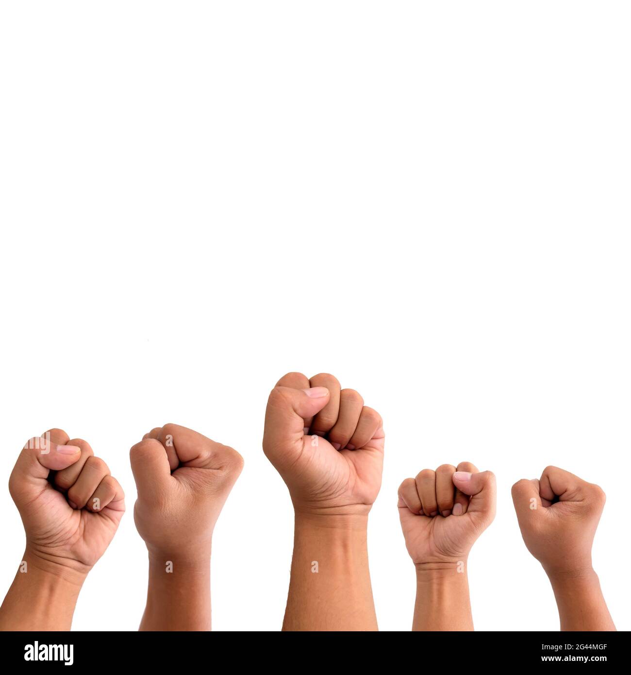 gruppo di mani sollevate nell'aria isolate su sfondo bianco Foto Stock