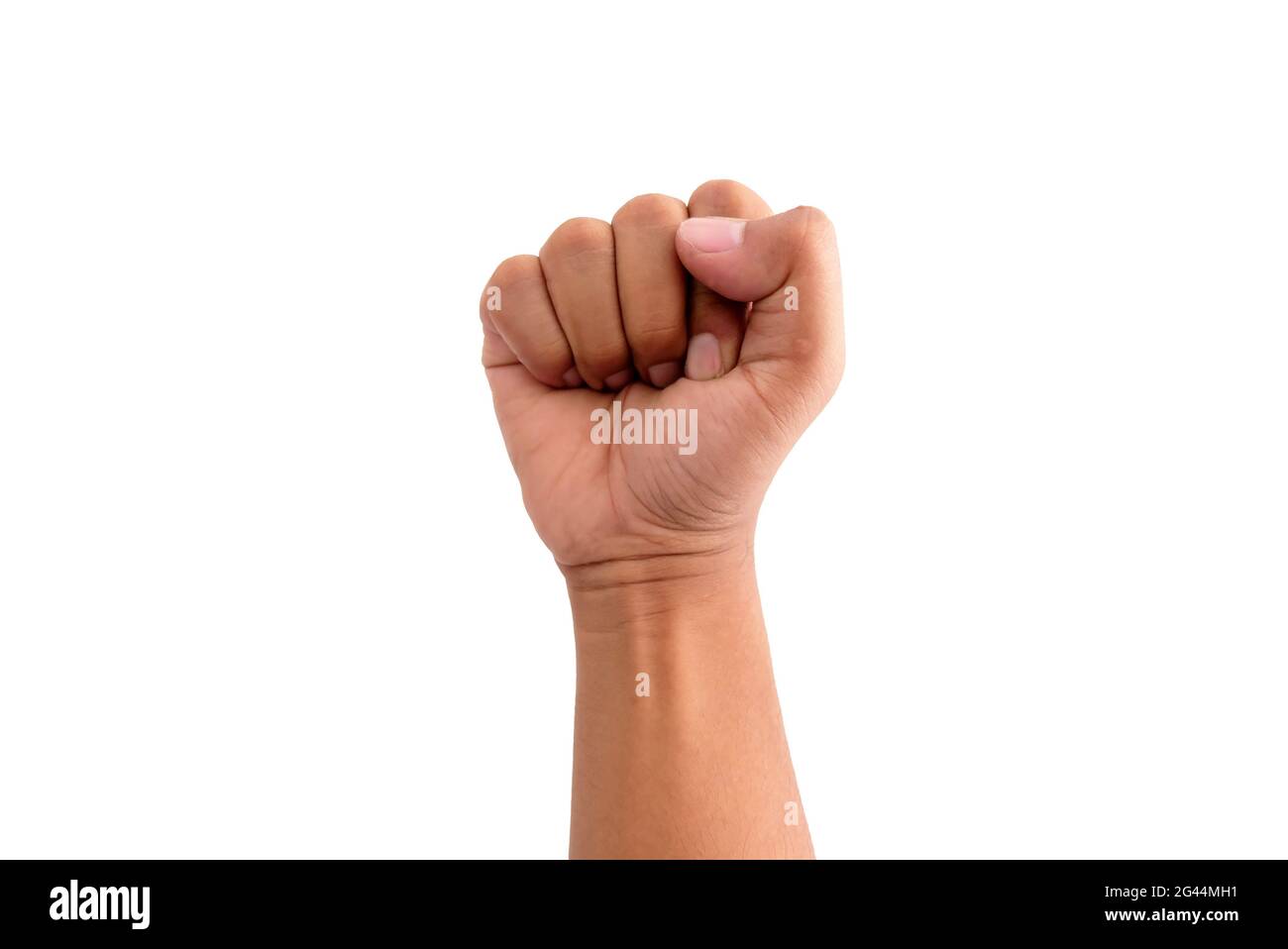 la mano si inonda nell'aria, isolata su sfondo bianco Foto Stock