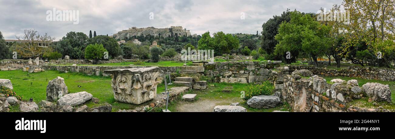 Antiche rovine e resti dell'antica Agora, Atene, Grecia Foto Stock