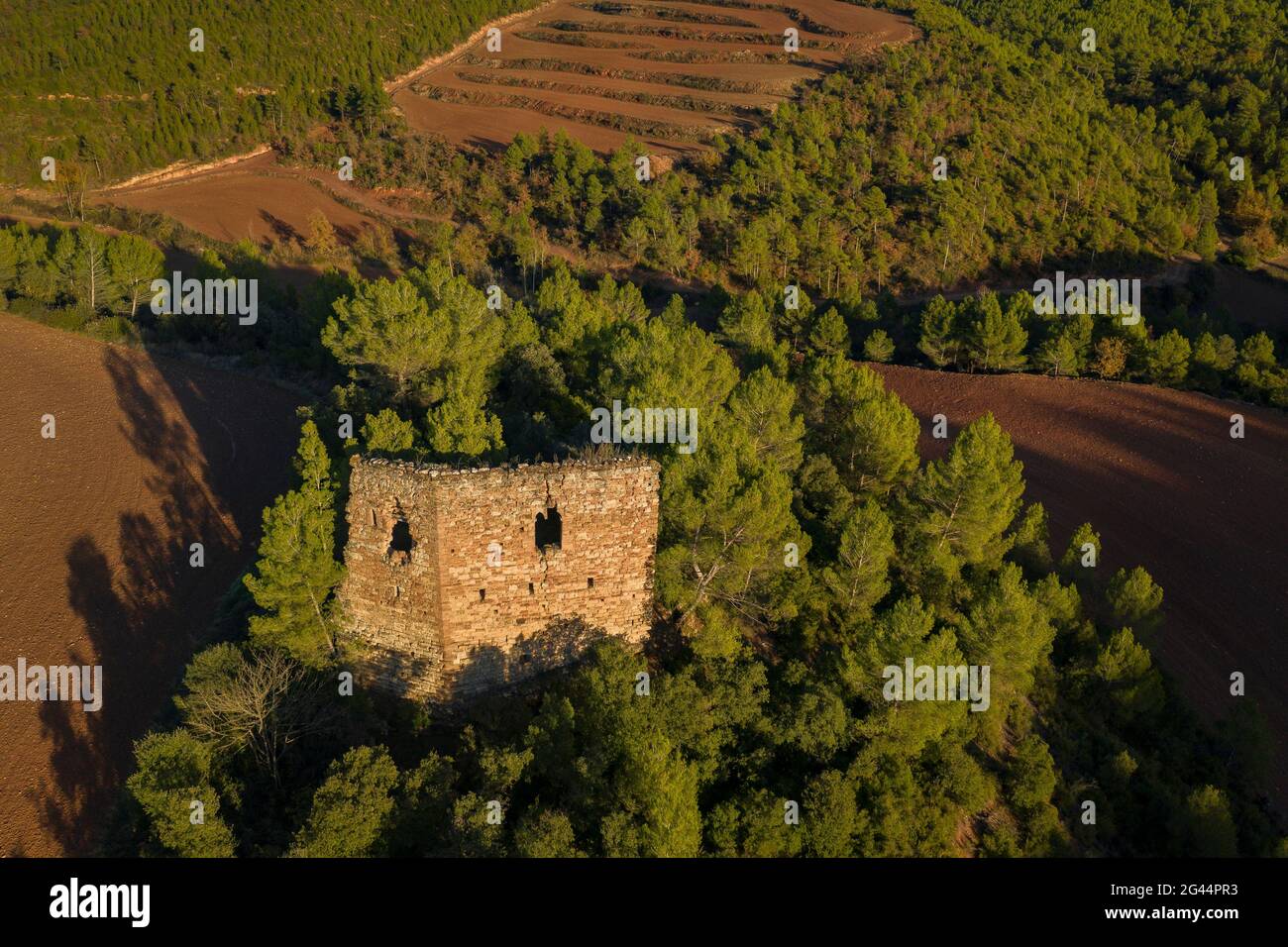 Resti dell'antico castello di Solivella, circondato da campi al tramonto (Navàs, Barcellona, Catalogna, Spagna) Foto Stock