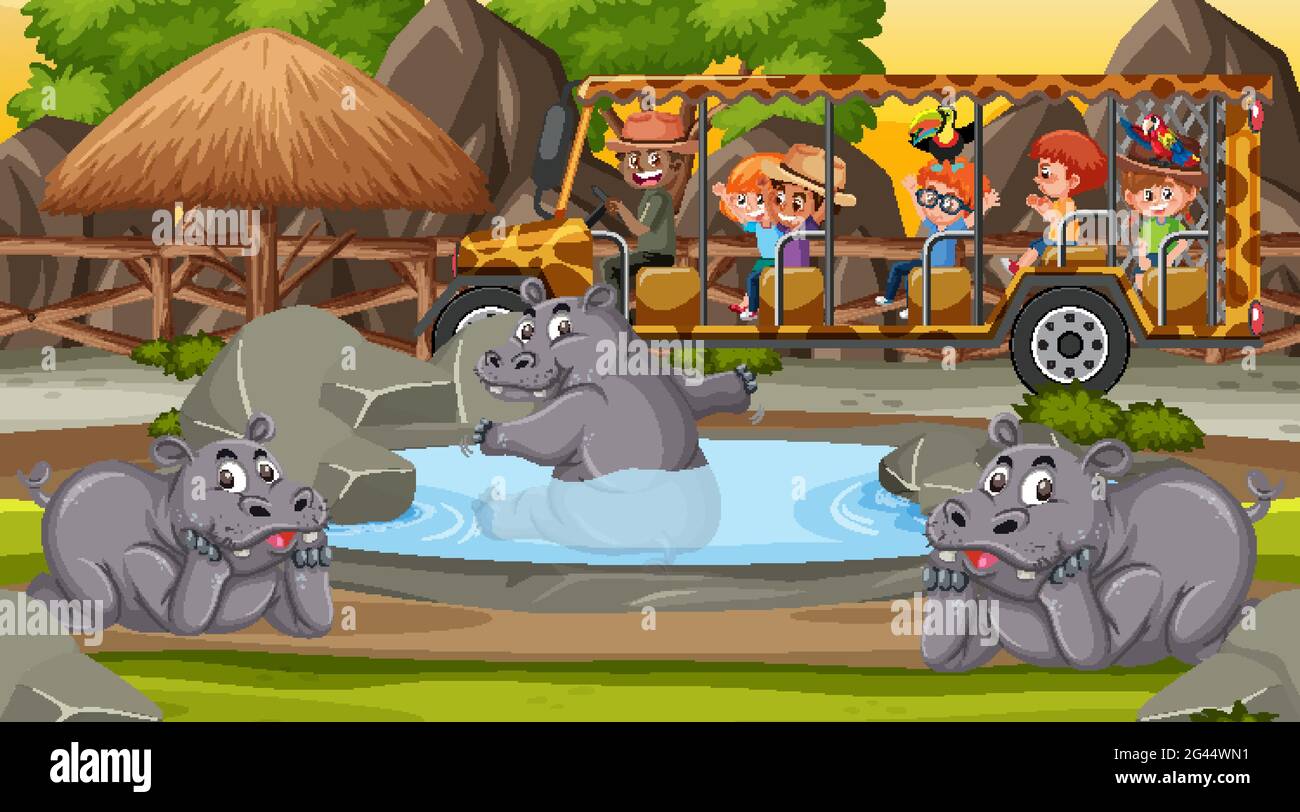 Safari nella scena notturna con i bambini che guardano l'illustrazione di gruppo hippopotamus Illustrazione Vettoriale