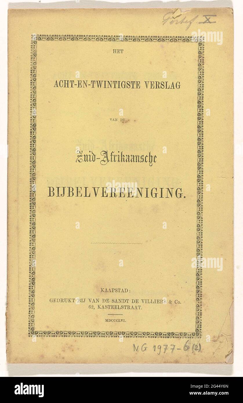 L'otto e ventesimo rapporto dell'associazione della Bibbia sudafricana. Brochure. Data; titolo pag.: 1856. Foto Stock