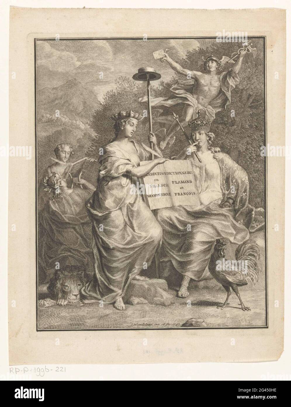 Persone dei Paesi Bassi e della Francia austriaci; Dizionario Nederduitsch e Fransch / Dictionnaire Flamand et François; pagina del titolo per: François Halma, Dizionario Groot Fransch e Nederduitsch, 1761. Nel mezzo si trova la personificazione dei Paesi Bassi austriaci con una corona da muro e uno staff liberty con cappello. Ha un libro gonfetto con il titolo abbreviato. Ai suoi piedi è un leone con un fascio di frecce. Lasciata dietro di lei una donna gioca un verricello e scrive un'altra donna in un libro. Dall'altro lato del libro aperto è la personificazione della Francia con una corona, uno scettro e un gallo a lei Foto Stock