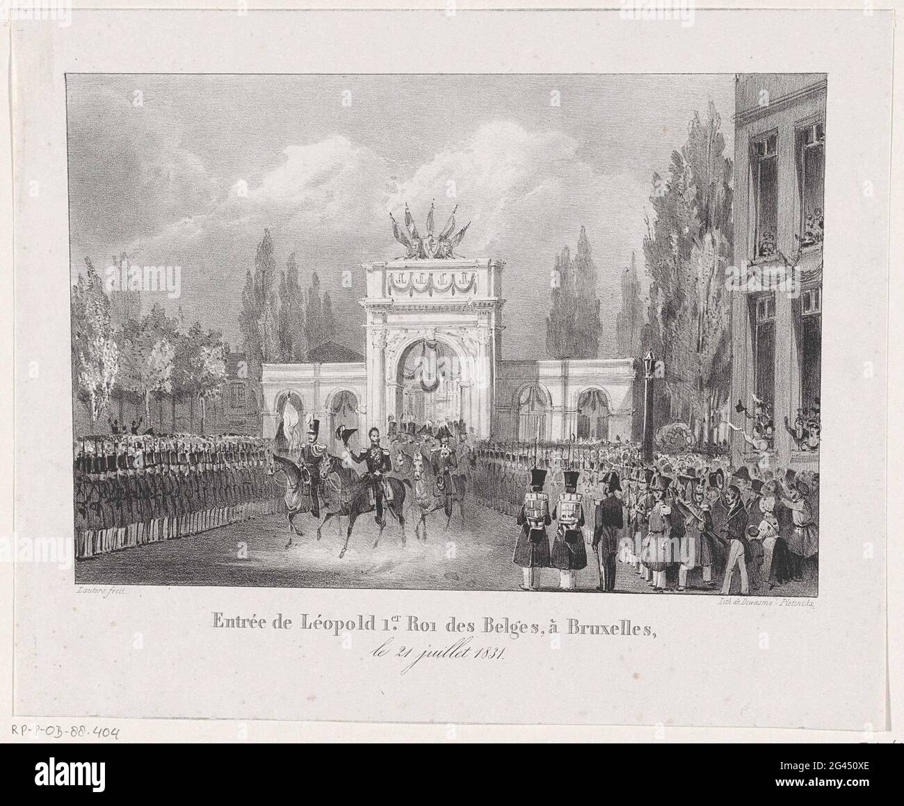 Arrivo del re Leopoldo i a Bruxelles, 1831; Entrée de Léopold 1.R ROI des Belges, à Bruxelles, LE 21 Juillet 1831. Arrivo cerimoniale del re Leopoldo i a Koningsplein a Bruxelles, 21 luglio 1831. Il re attraversa la decorata Porte d'Anvers (l'ex porto di Willem). Vedere anche il telecomando. Foto Stock