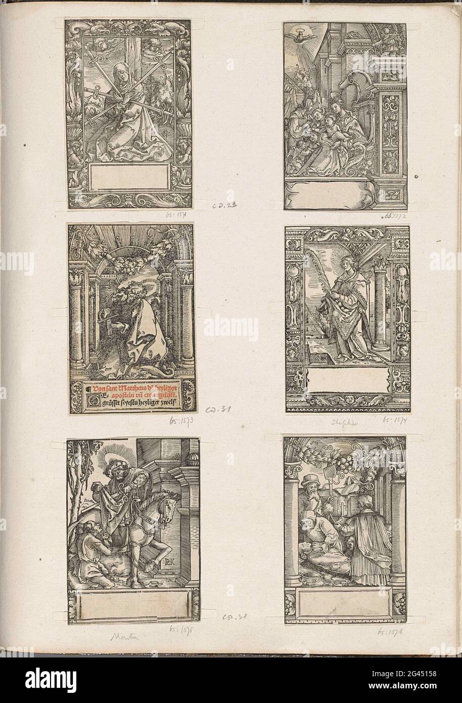 Album con stampe di Urs Graf, Erhard Schön, Hans Holbein (II), Hans Weiditz (II) e Hans Springinkle; VG HH MVA WH 1637. Album con 367 stampe incastrate su 110 album blade. Cinturino in pelle di maiale nero stampato in oro con le iniziali degli artisti delle stampe: VG HH MVA WH e l'anno 1637. La band contiene pezzi di legno di noti stampatori e designer tedeschi del XVI secolo. L'album fu creato e legato nel 1637 e probabilmente faceva parte della collezione di collezionisti e agenti d'arte Pieter Spiering all'Aia. Si tratta di un cosiddetto album factice, cioè un album composto da un collezionista Foto Stock