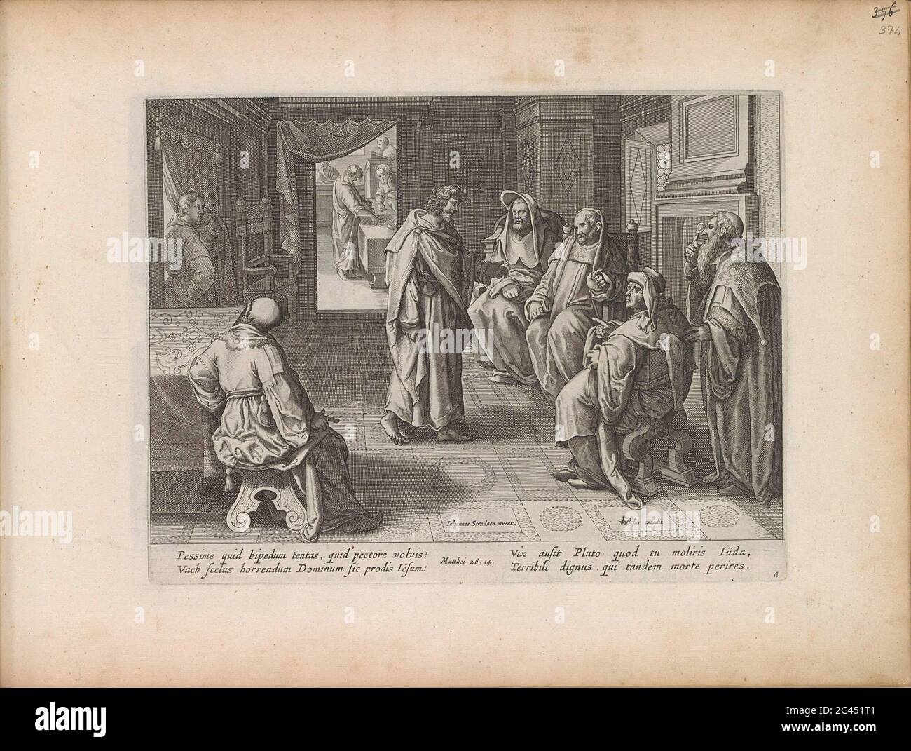 Judas Iskariot ai sommi sacerdoti; Passione di Cristo; Theatrum Biblicum Hoc Est Historiae Sacrae Veteris et Novi Testamenti Tabulis Eneis Expressae. Giuda Iskariot sta per i sommi sacerdoti seduti e negozia con loro ciò che otterrà se sta vendendo Cristo a loro. Trenta pezzi d'argento gli vengono pagati sullo sfondo. Sotto lo spettacolo un riferimento in latino al testo della Bibbia in Mat 26:14. In basso a destra della lettera: a. Questa stampa fa parte di un album. Foto Stock