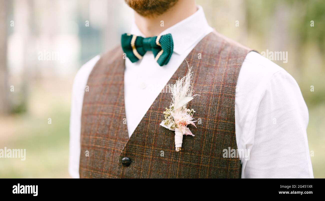 Ritratto a mezza lunghezza dello sposo in camicia bianca con braciere verde e. gilet marrone Foto Stock