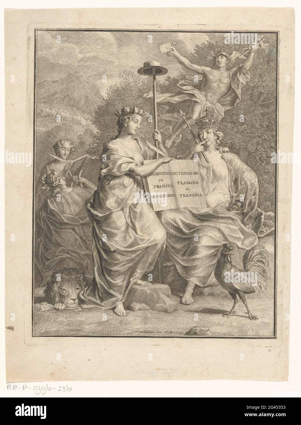 Persone dei Paesi Bassi e della Francia austriaci; Dizionario Nederduitsch e Fransch / Dictionnaire Flamand et François; pagina del titolo per: François Halma, Dizionario Groot Fransch e Nederduitsch, 1761. Nel mezzo si trova la personificazione dei Paesi Bassi austriaci con una corona da muro e uno staff liberty con cappello. Ha un libro gonfetto con il titolo abbreviato. Ai suoi piedi è un leone con un fascio di frecce. Lasciata dietro di lei una donna gioca un verricello e scrive un'altra donna in un libro. Dall'altro lato del libro aperto è la personificazione della Francia con una corona, uno scettro e un gallo a lei Foto Stock