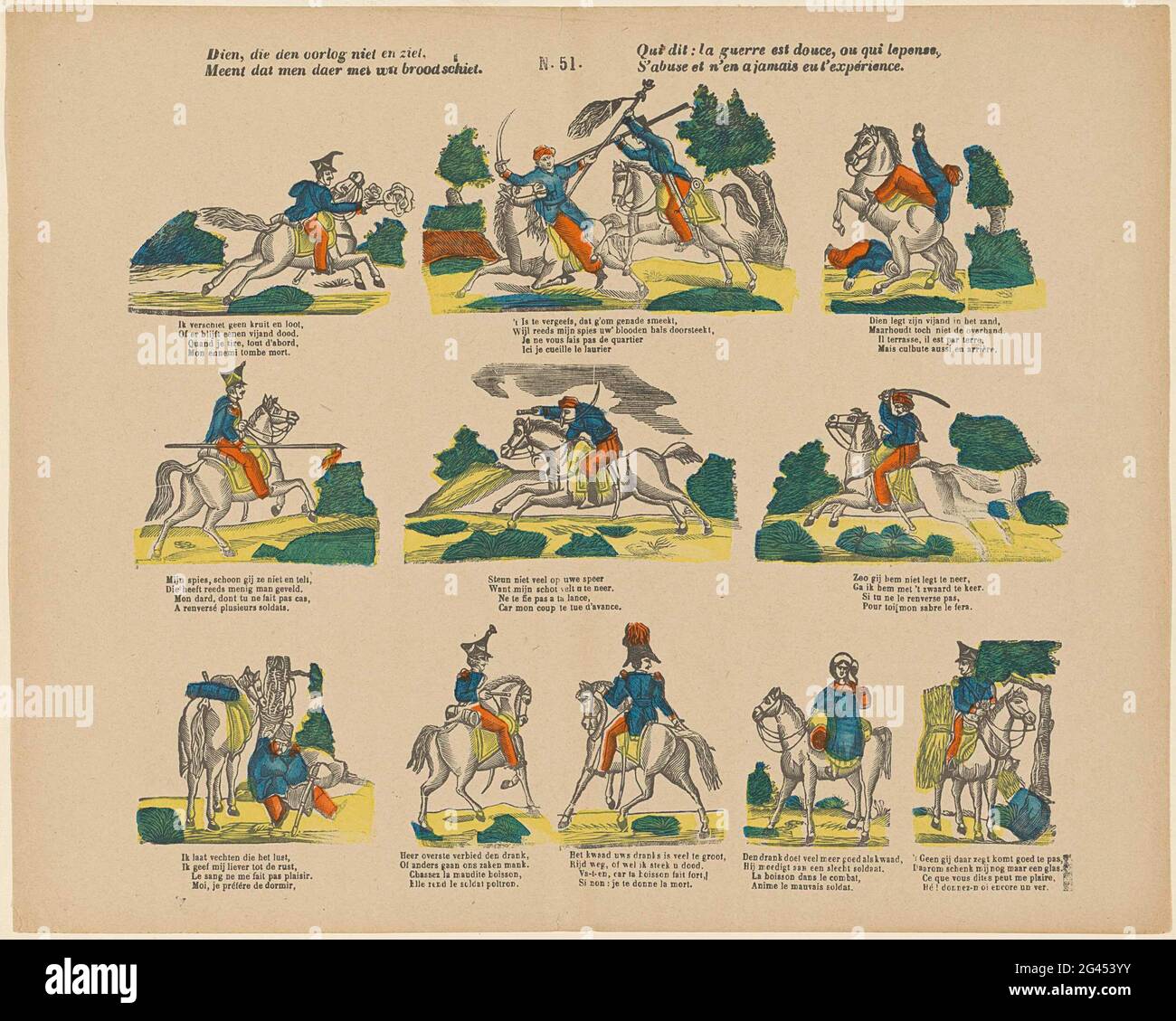 Che non vede la guerra, / crede che sparano con pane bianco / qui questo: La Guerre Est Douce, ou qui Lepense, / s'Abuse et n'en a Jamais EU l'expérience. Foglio con 11 rappresentazioni di cavallo militare. Sotto ogni esibizione un due volte fresco in olandese e francese. Numerato al centro sopra: N. 51. Foto Stock