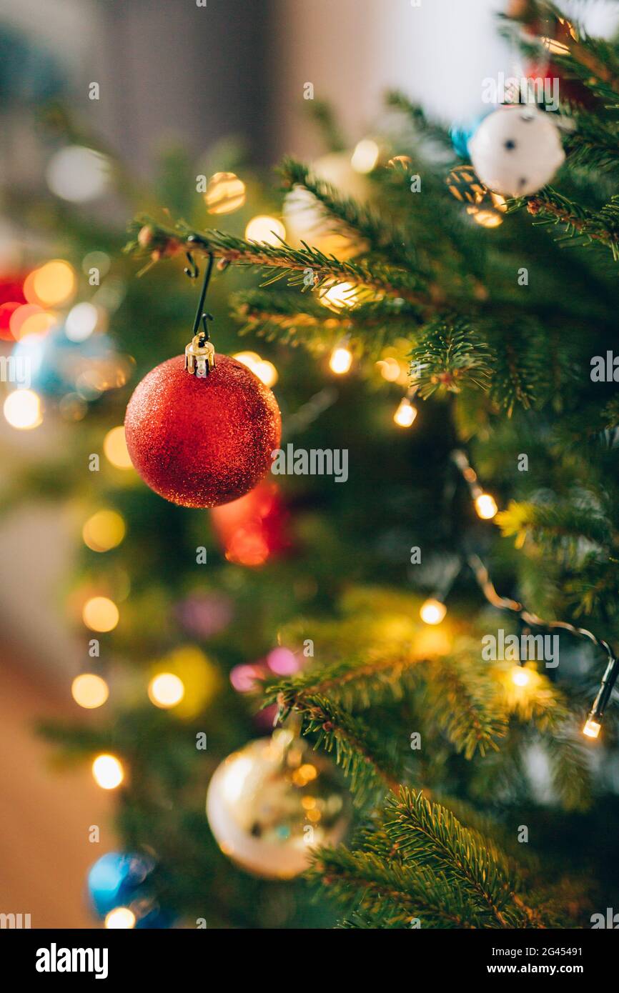 Un piccolo albero di Natale in una pentola, decorato con palle, ghirlande Foto Stock