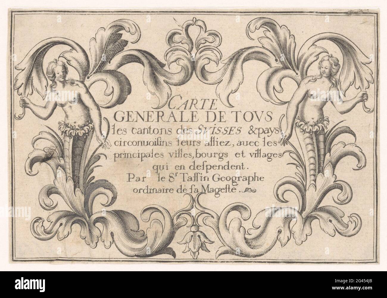 Cartouche per una mappa della Svizzera; carte Generale de Tous les Cantons des Suisses & Pays Circonvoisins leurs Alliez, avec Les principales Villes, Bourges et Villages qui e Despendent. Cartouche con due figure di attacco femminile e motivi a foglia. Al centro il titolo. Foto Stock