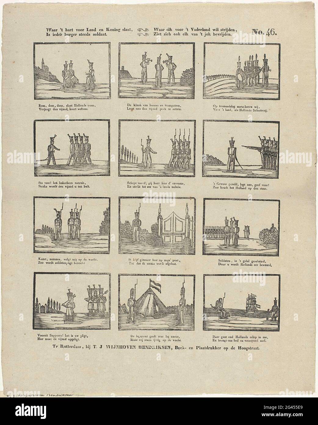 Dove 't Hart batte terra e re, ogni cittadino è sempre un soldato. / dove solo vuole lottare per la patria, si vede anche liberato per la Giosuè. Foglia con 12 rappresentazioni di soldati con strumenti, pistole e baionette. Sotto ogni immagine un fresco a due zampe. Numerato in alto a destra: N. 46. Foto Stock Dove 't Hart batte terra e re, ogni cittadino è sempre un soldato. / dove solo vuole lottare per la patria, si vede anche liberato per la Giosuè. Foglia con 12 rappresentazioni di soldati con strumenti, pistole e baionette. Sotto ogni immagine un fresco a due zampe. Numerato in alto a destra: N. 46. Foto Stock