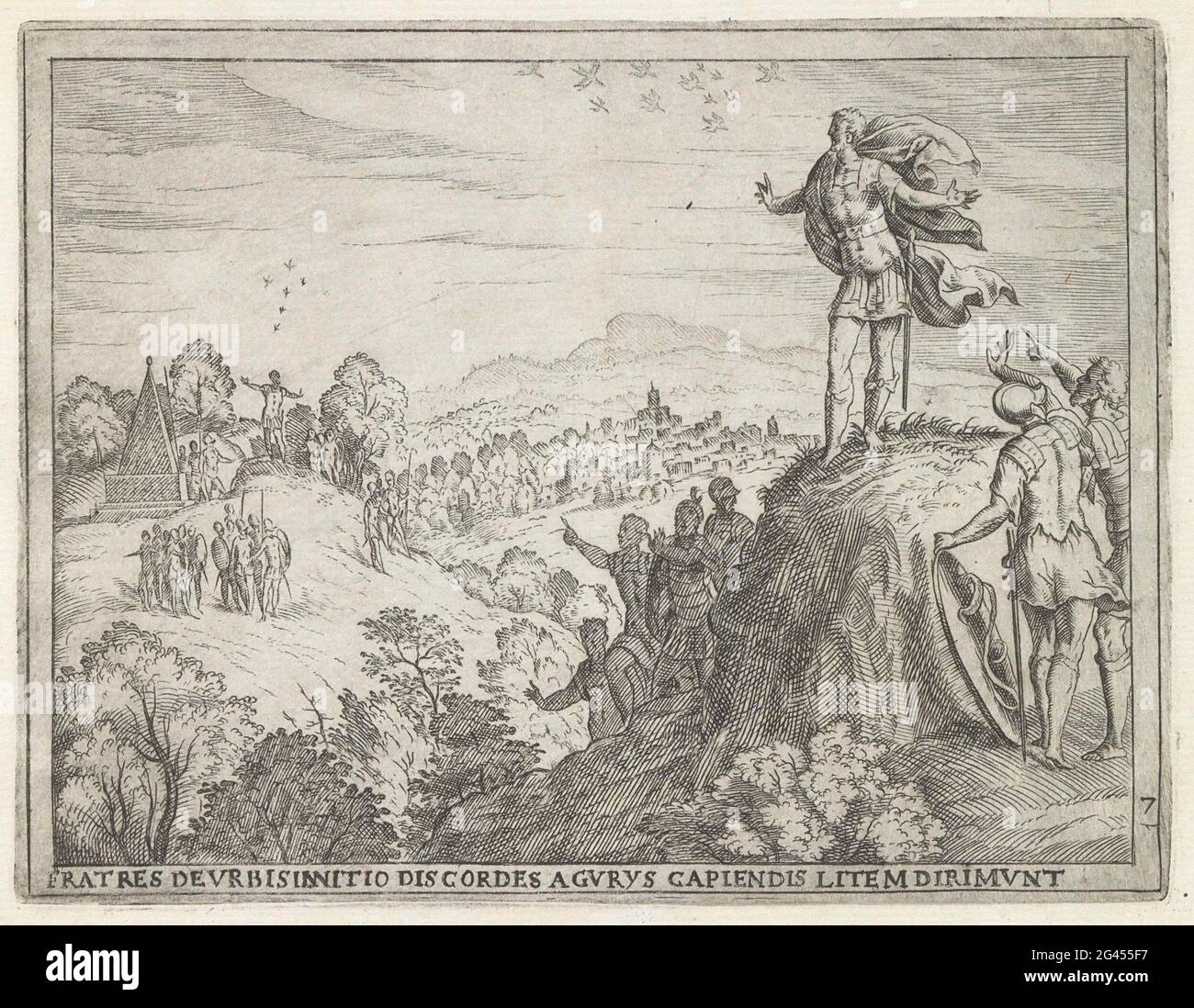 La disputa tra Romolo e Remo sulla posizione della loro città; Frathes DOORBISINITIO (...) LITEM Dirlyunt; vita di Romolo e Remo. Remo è sull'aventino e romolo sulla palatina. Entrambi attendono un segno degli dei. Sei avvoltoi appaiono a Remo, a Romolo dodici. Gli dei erano romuli più favorevoli. Determina la posizione della nuova città. La stampa fa parte di un album. Foto Stock