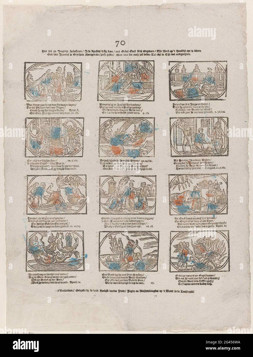 Gy studenti giovani / Jesu Apostoli sembra grande qui [(...)]. Foglia con 12 rappresentazioni di storie del nuovo Testamento. Sotto ogni immagine un versetto a quattro righe e un riferimento al testo della bibbia corrispondente. Centro numerato sopra: 70. Foto Stock