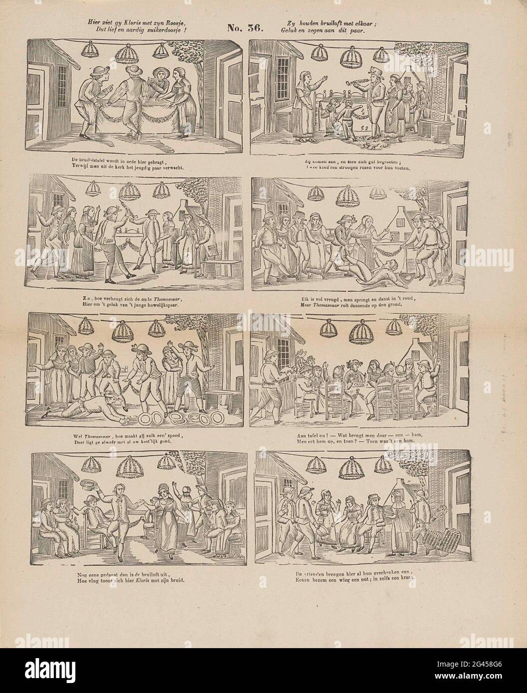 Qui vedete Gy Kloris con la sua rosa, / quella dolce e bella scatola di zucchero! / Zy tenere matrimonio tra di loro; / felicità e benedizione a questa coppia. Foglia con 8 spettacoli sul matrimonio di Kloris e Roosje. Sotto ogni immagine un fresco a due zampe. Numerato al centro: N. 36. Foto Stock