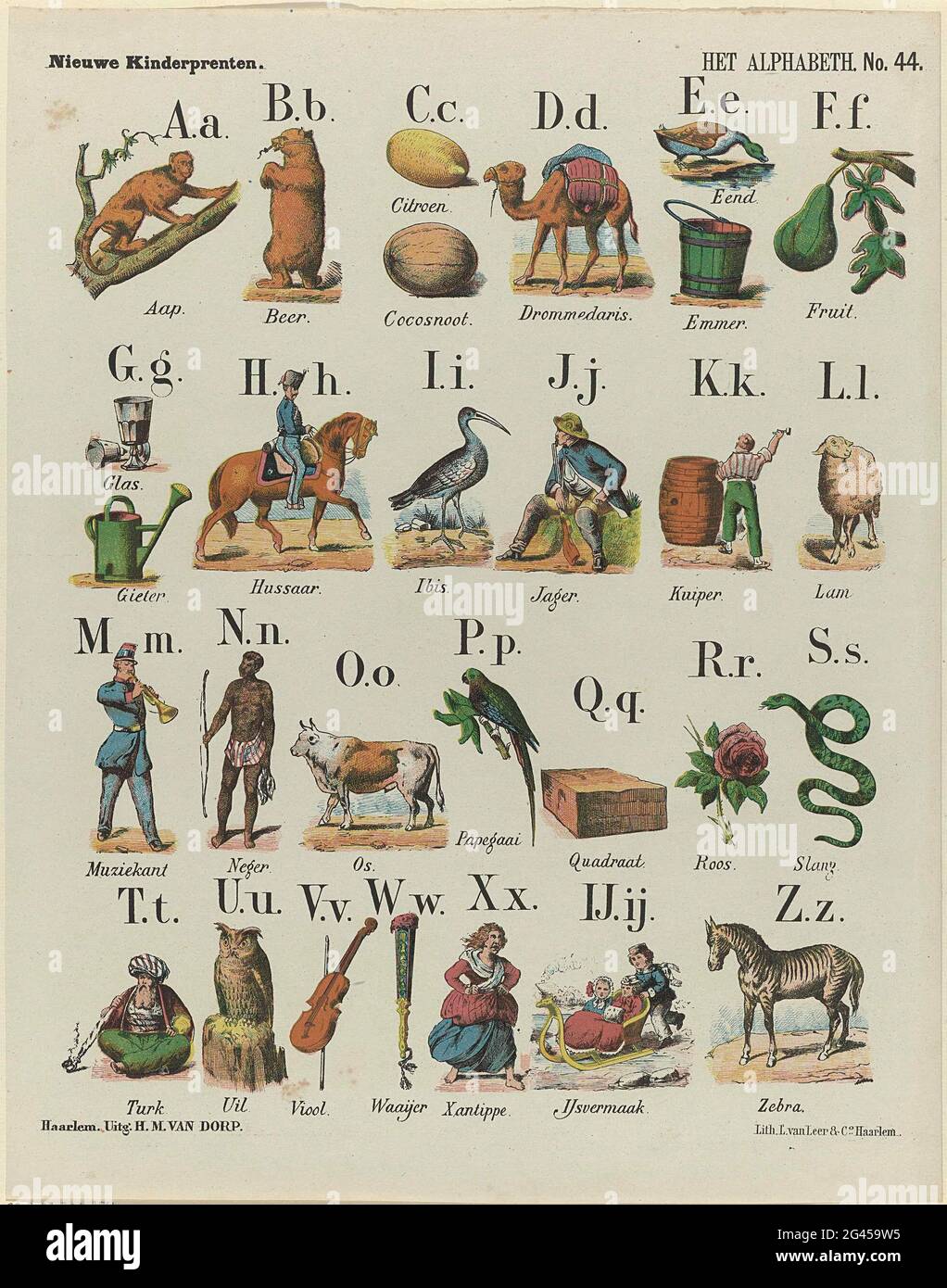 L'Alphabeth; stampe di nuovi bambini. Foglia con 29 rappresentazioni delle  lettere dell'alfabeto illustrate con oggetti, animali e figure le cui  parole iniziano con la lettera corrispondente. Sotto ogni immagine una  didascalia. Numerato