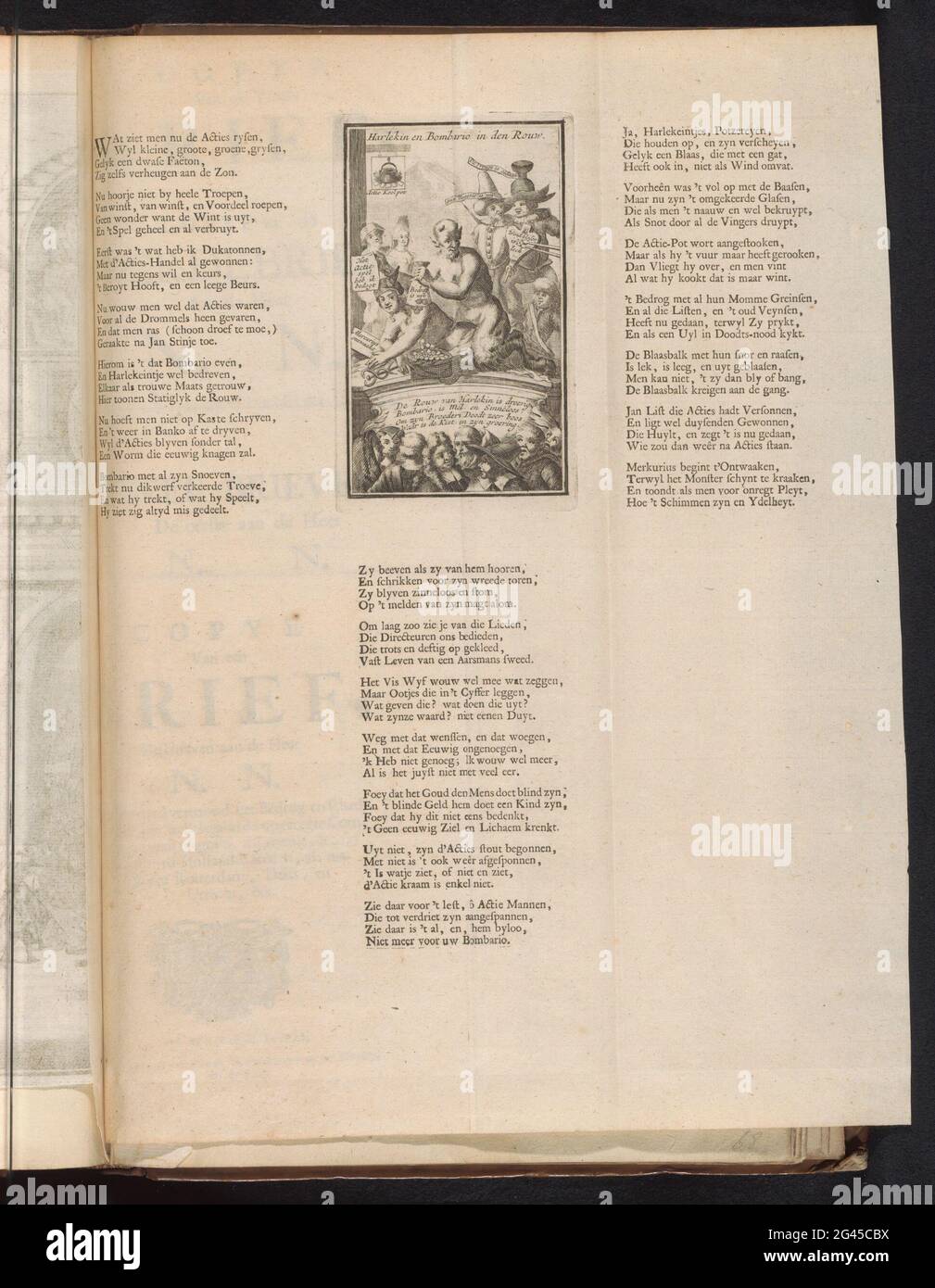 Il mercurio si sveglia, 1720; Harlekin e Bombario nel lutto; la grande scena della follia. Mercurius sdraiato a terra si risveglia, un diavolo con un sacco di soldi è seduto sulla schiena. In questo modo diversi astanti sulla parte anteriore e sullo sfondo. Sulla sinistra il segno della locanda chiamato: Action Carbon Pot. Nella mostra un versetto di quattro regole e iscrizioni multiple in olandese. Stampato su una lama più grande tra 3 versi ciascuno con 7 coppie di 4 linee. Stampa nella prima edizione rilegata (304 B 11) dalla grande scena della follia con le cartucce sul commercio del vento o dell'azione del 1720. Foto Stock