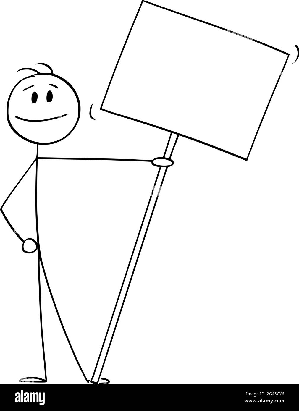 Persona sorridente su dimostrazione o manifestazione che tiene grande vuoto segno, Banner o Placard , Vector Cartoon Stick Figura Illustrazione Illustrazione Vettoriale