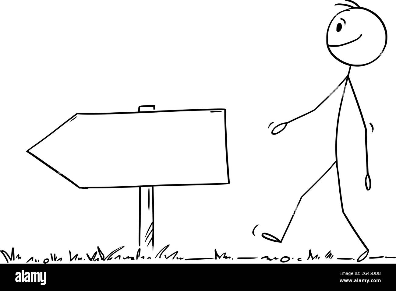 Persona che cammina lungo il percorso o la strada, freccia vuota che punta verso il basso, illustrazione di figura del bastone del cartone vettoriale Illustrazione Vettoriale