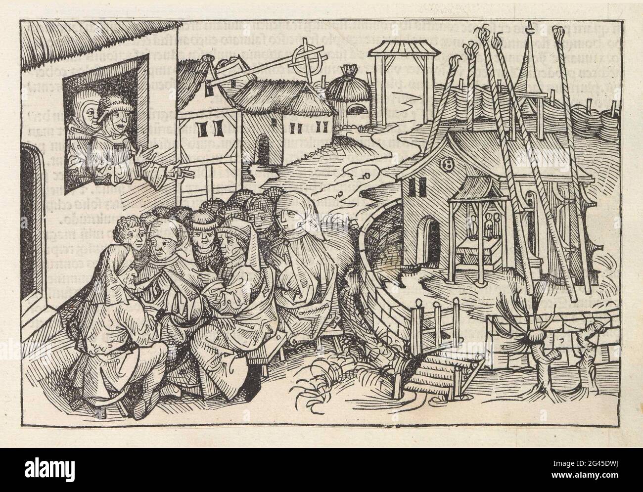 Predicazione di Hans Bohm van Niklashausen; Liber chronicarum. In un villaggio, un gruppo di persone ascolta un uomo in una cornice di finestra. A destra una chiesa o cappella. Lo spettacolo proviene dal Liber Chronicarum. Il testo di questo libro identifica l'uomo come Hans Bohm di Niklashausen. Quest'uomo predicò della vergognosa vita del clero e chiamò la gente a non pagare tasse e tributo. La stampa fa parte di un album. Foto Stock