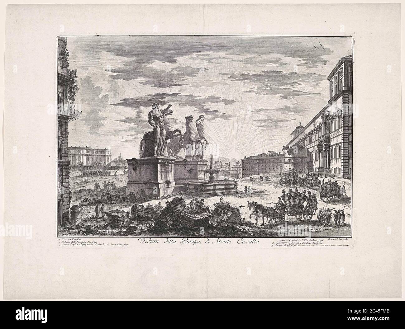 Piazza del Quirinale te Roma; Vista sulla piazza del Monte Cavallo; Gezichten op Roma; vedute di Roma disegnate e incise dall'architetto Giambattista Piranesi VE (Nez) iano. Gezicht Op Het Piazza del Quirinale Op de Quirinaalheuvel te Rome Met Het Palazzo del Quirinale en de Fontana di Monte Cavallo (Fontein met Castor en Pollux). Titel en Verklande lijst incontrò Nummers a Overtermard. Foto Stock