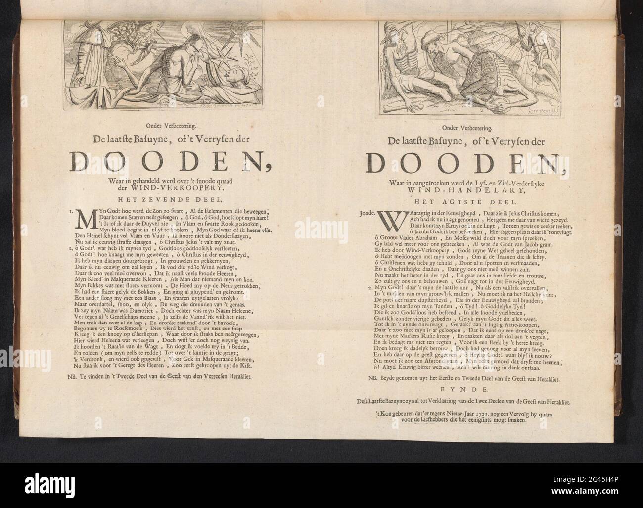 L'ultimo bazuin o l'aumento dei morti (dl. 7 e 8), 1720; sotto l'oblero. L'ultimo Basuyne, o le esche dei morti, che è stato agito nello Snoode Quaad der Wind-Salesery. La settima parte, sotto l'oblero. L'ultimo basuyne, o il bacio dei morti, dove in affiliazione divenne il lyf e anima-ulteriore flyke eolico-trading. La parte d'accordo; la grande scena di stoltezza (pezzi extra). Foglio con due stampe con testo. All'ultimo giudizio, i morti risorgono dalle loro tombe, un angelo con un bazuin tra le nuvole. Settima e ottava stampa in una serie di otto stampe dal titolo: L'ultima bazuin o Foto Stock