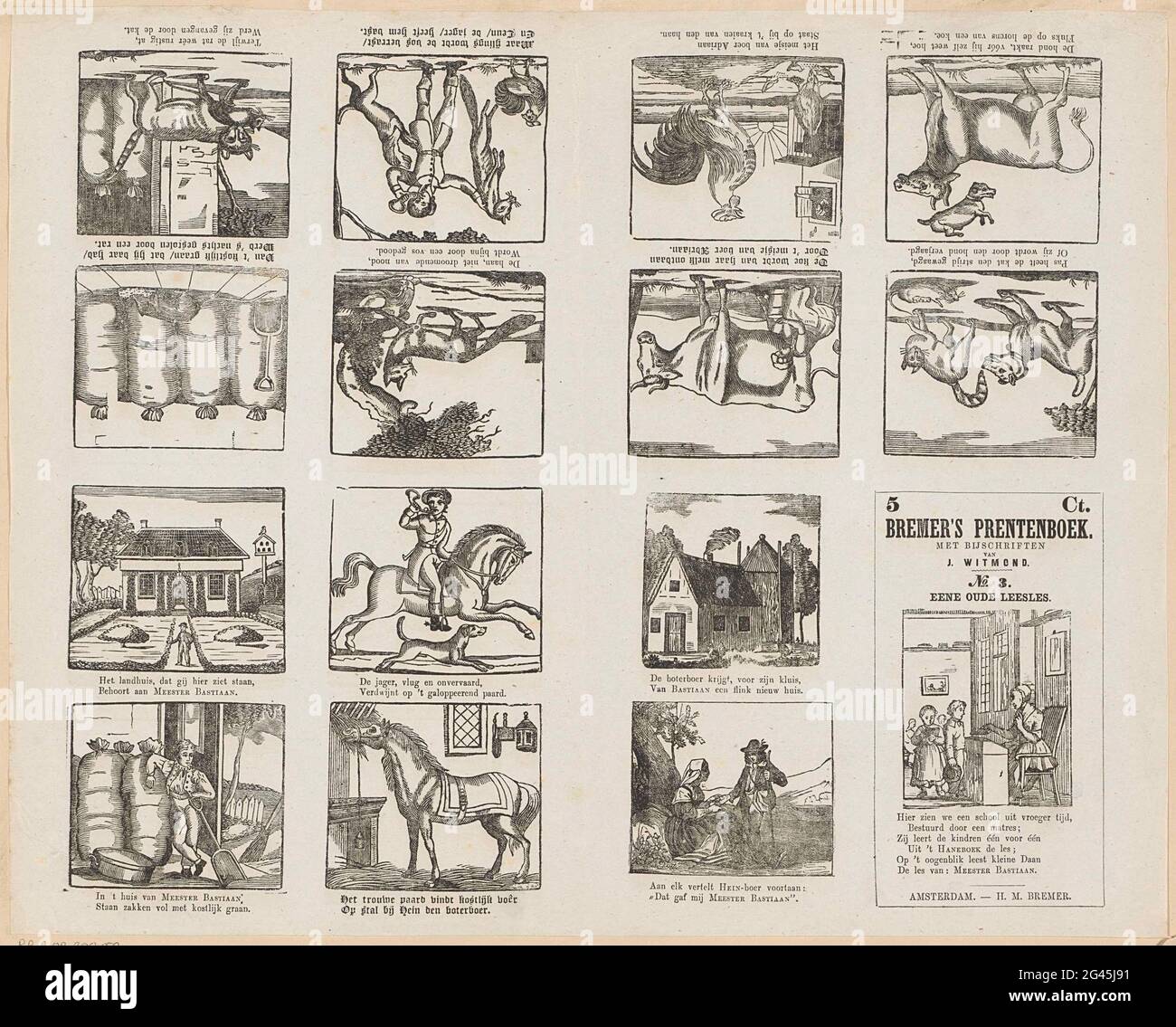 Una vecchia lezione di lettura; il libro di immagini di Bremer. / con didascalie / van / J. Witmond. Foglia con 14 spettacoli nazionali, come una casa colonica con fiaccalata, sacchi di grano e un cacciatore con volpe catturata. Sotto ogni esibizione un fresco a due zampe, alcuni in stile gotico. In basso a destra un blocco con i titoli e l'indirizzo degli editori e una rappresentazione di una classe scolastica. Numerato sotto titolo: N. 3. Foto Stock