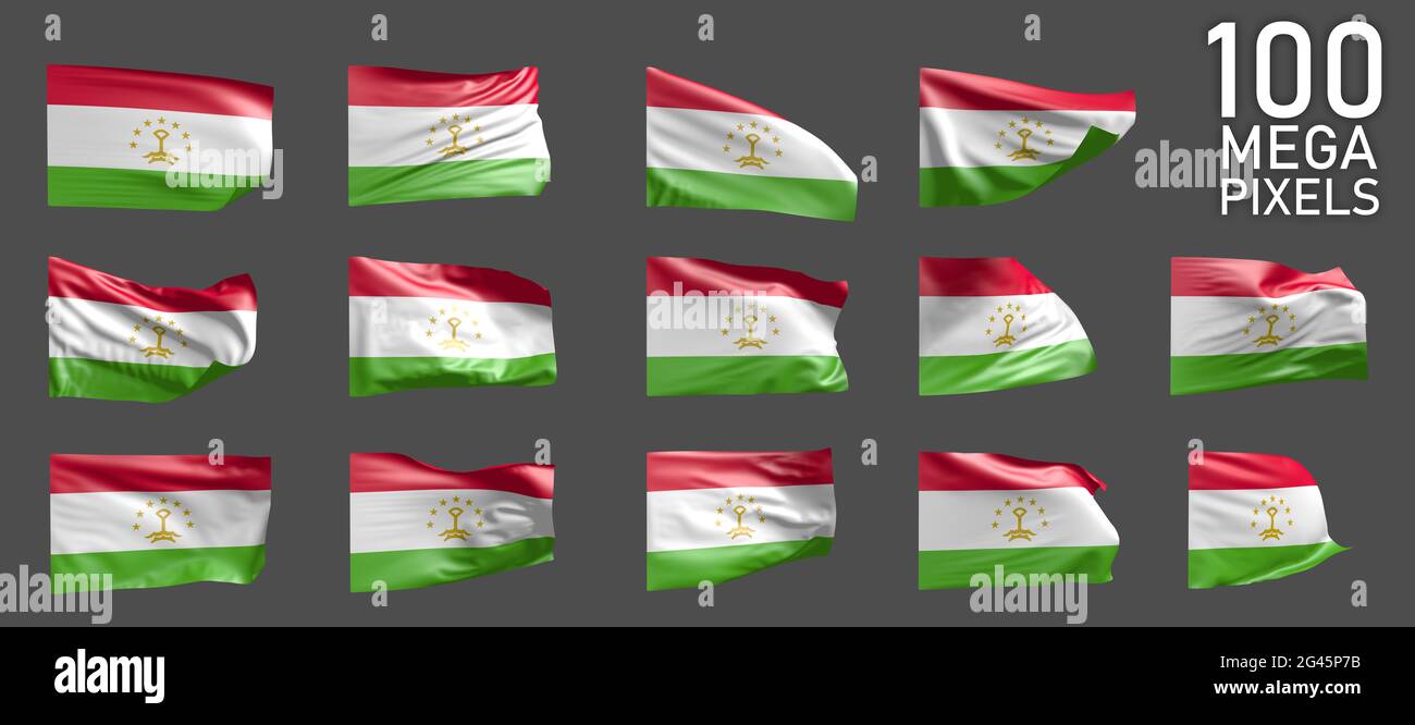 Bandiera del Tagikistan isolata - vari rendering realistici della bandiera ondulata su sfondo grigio - oggetto illustrazione 3D Foto Stock