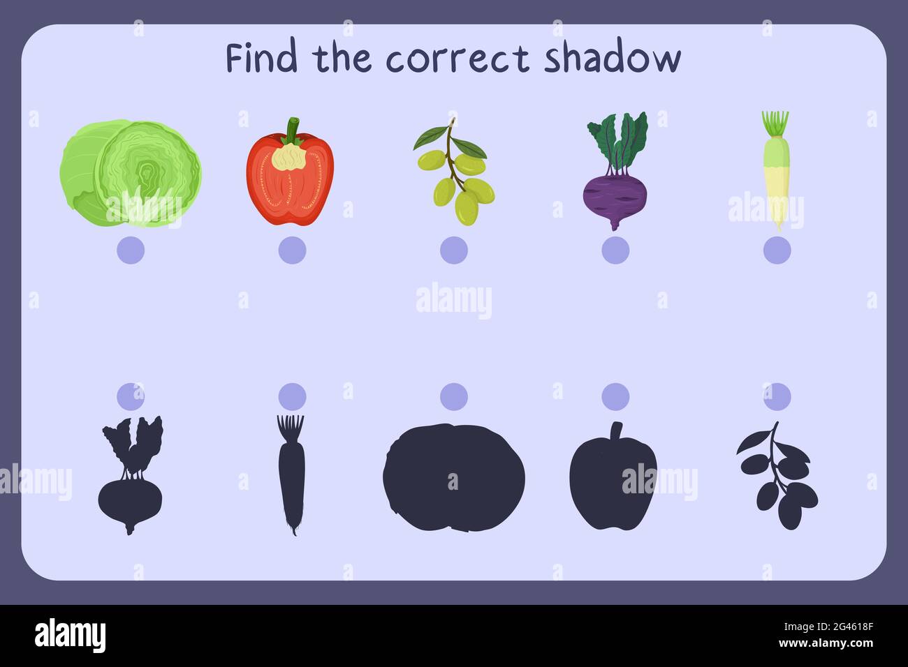 Abbinare i bambini gioco educativo con cibo - iceberg cavolo, pepe, oliva, kohlrabi, daikon . Trovare l'ombra corretta. Illustrazione vettoriale. Illustrazione Vettoriale