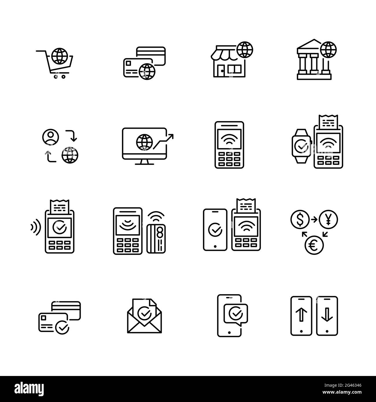 Set di icone di pagamento senza contatto e finanza globale Illustrazione Vettoriale