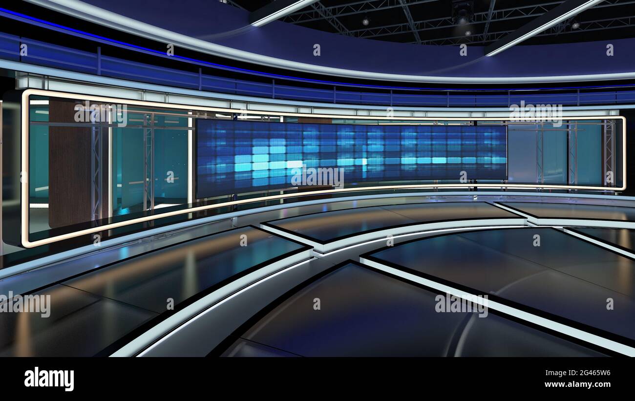 Virtual TV Studio News Set. Sfondo verde dello schermo. Rendering 3d. Virtual Set Studio per riprese cromatiche. Ovunque, con una configurazione semplice, Foto Stock