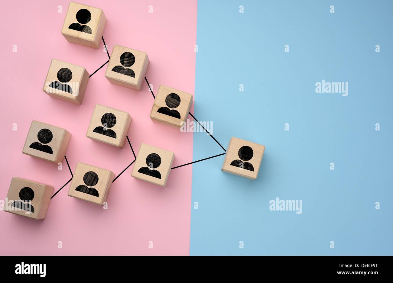 Blocchi di legno con cifre su un background lilla, struttura organizzativa gerarchica di gestione, equilibrio di genere Foto Stock