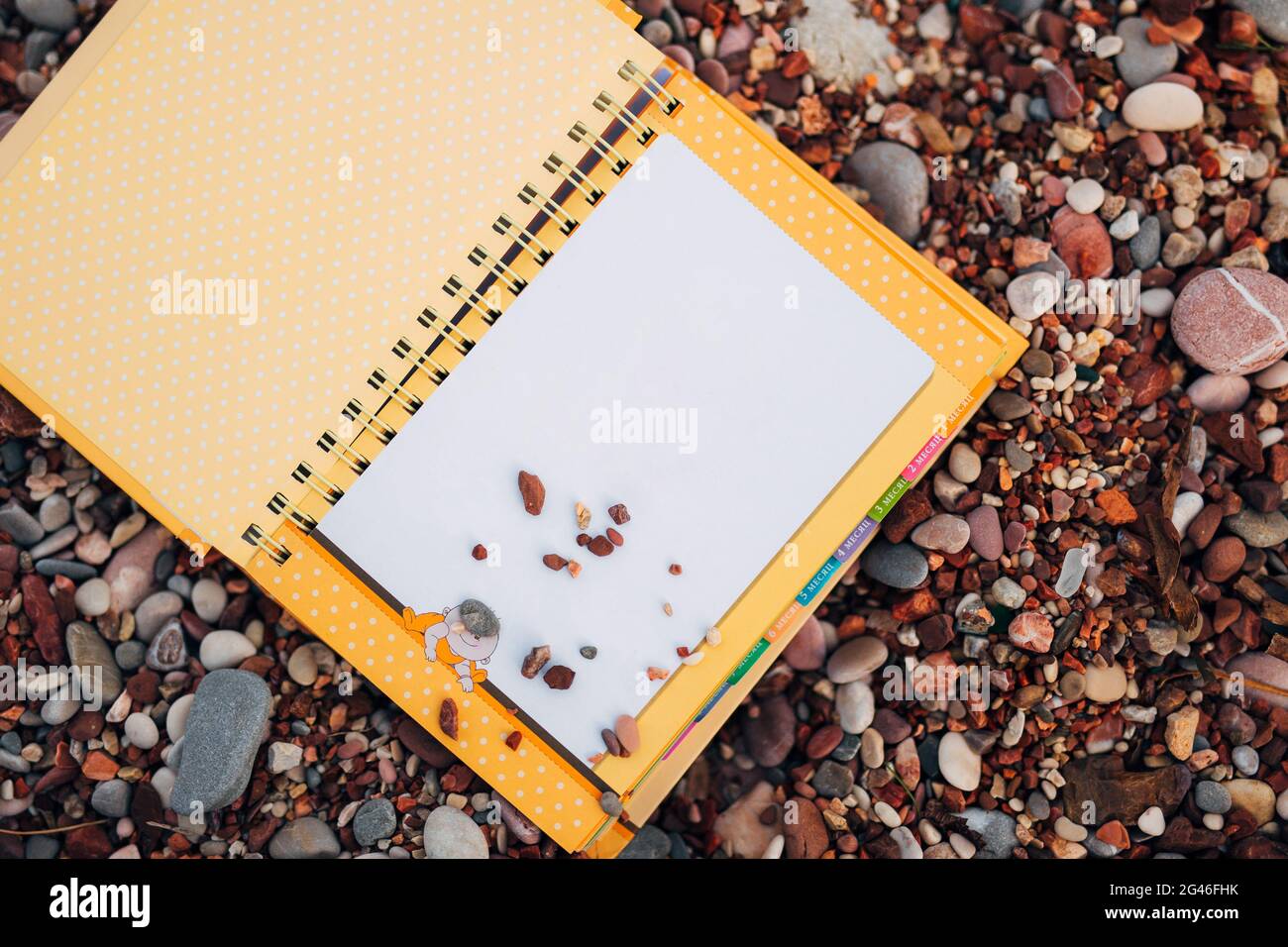 Un notebook su una spiaggia ghiaiosa Foto Stock