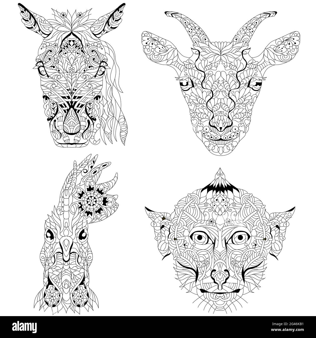 Testa di cavallo, capra, gallo e teste di scimmia. Zentangle per il design della t-shirt, per tatuaggio e altre decorazioni Illustrazione Vettoriale