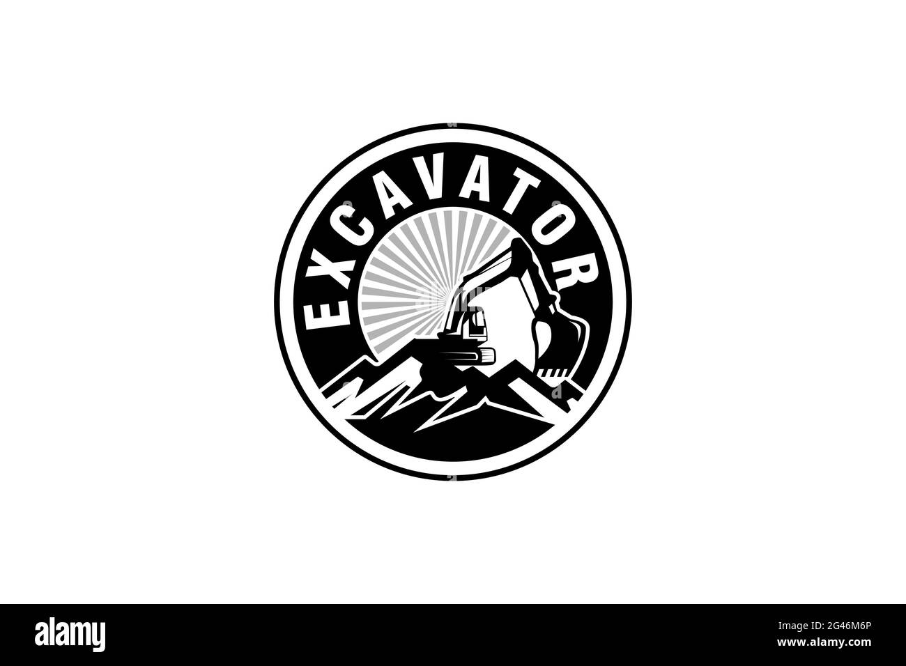 Vettore modello logo escavatore. Vettore di logo per attrezzature pesanti per società di costruzioni. Illustrazione creativa dell'escavatore per il logo. Illustrazione Vettoriale