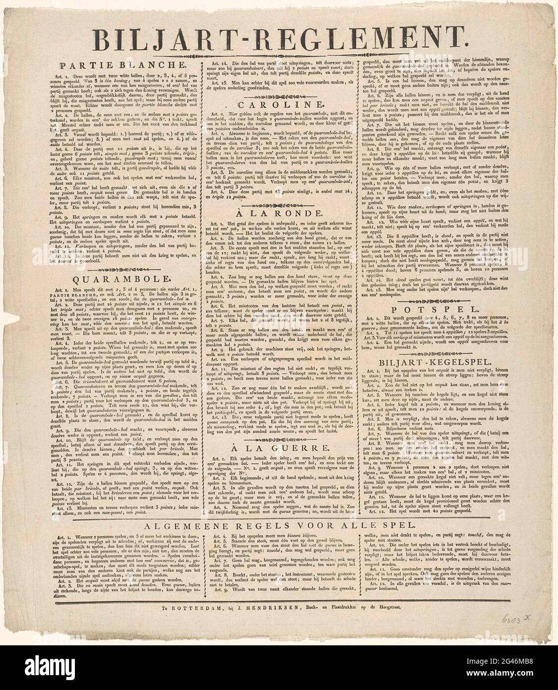 Regole del gioco del biliardo, ca. 1780-1790; regolamento Biliardo. Foglio  di testo con le regole di gioco per diversi tipi di giochi da biliardo.  Testo in tre colonne. Parte di un gruppo