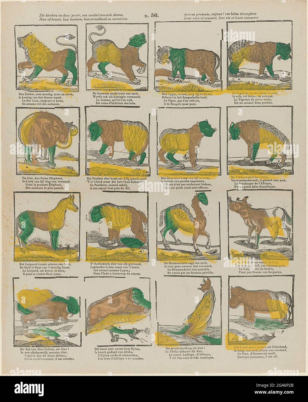 Vedi i bambini in Deez 'Prent, un certo numero di animali strani, / le loro origini, il loro meglio, la loro crudeltà e modi / il tuo vous presente, Enfans! CES Bêtes ètrangères / leur race et cruaute, leur vie et leuries. Foglia con 16 spettacoli di animali come un leone, una tigre, un elefante e una zebra. Sotto ogni immagine un fresco a due zampe in olandese e in francese. Numerato al centro sopra: N. 50. Foto Stock