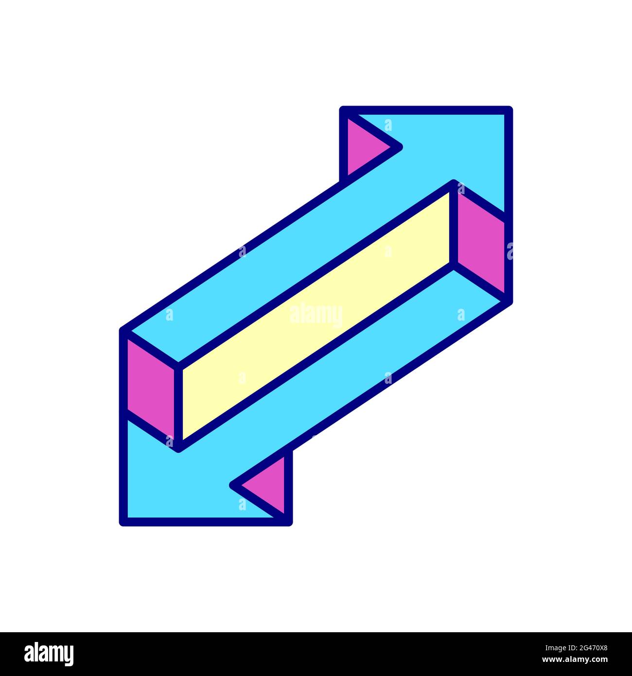 Forma della freccia impossibile. Illusione ottica con frecce a due lati. Trucco visivo geometrico. Simbolo del puntatore astratto di colore brillante. Illusione ottica. Vettore Illustrazione Vettoriale