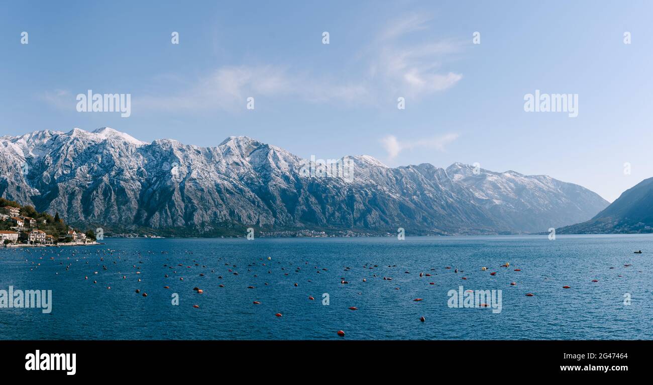 Cime innevate nella baia di Cattaro, Montenegro, sopra la città di Dobrota. Un'azienda agricola assitibile e di pesce in mare. Foto Stock