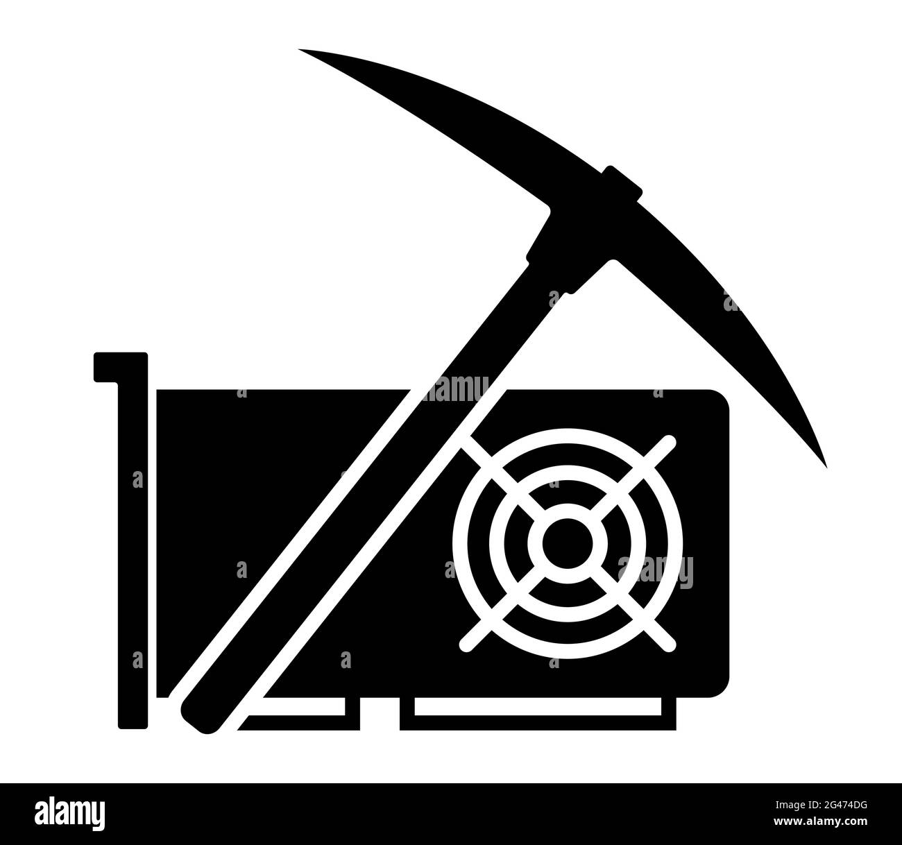 Simbolo di estrazione della criptovaluta con pickaxe e icona dell'illustrazione vettoriale della scheda grafica Illustrazione Vettoriale