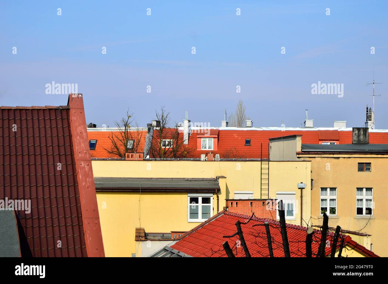 Tetti e finestre in edifici multi-famiglia dal punto di vista di un uccello. Estate. Foto Stock