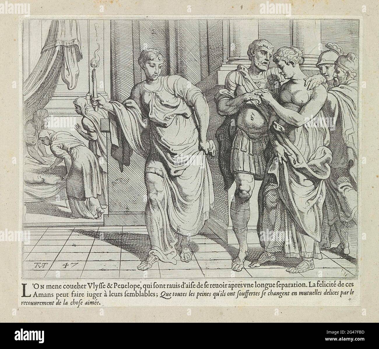 Odysseus e Penelope sulla strada per il letto; Les Travaux d'Ulisse; opere  di Odysseus. Dopo la loro riconciliazione, Odysseo e Penelope camminano  verso il letto. Un servo va con una candela. Il