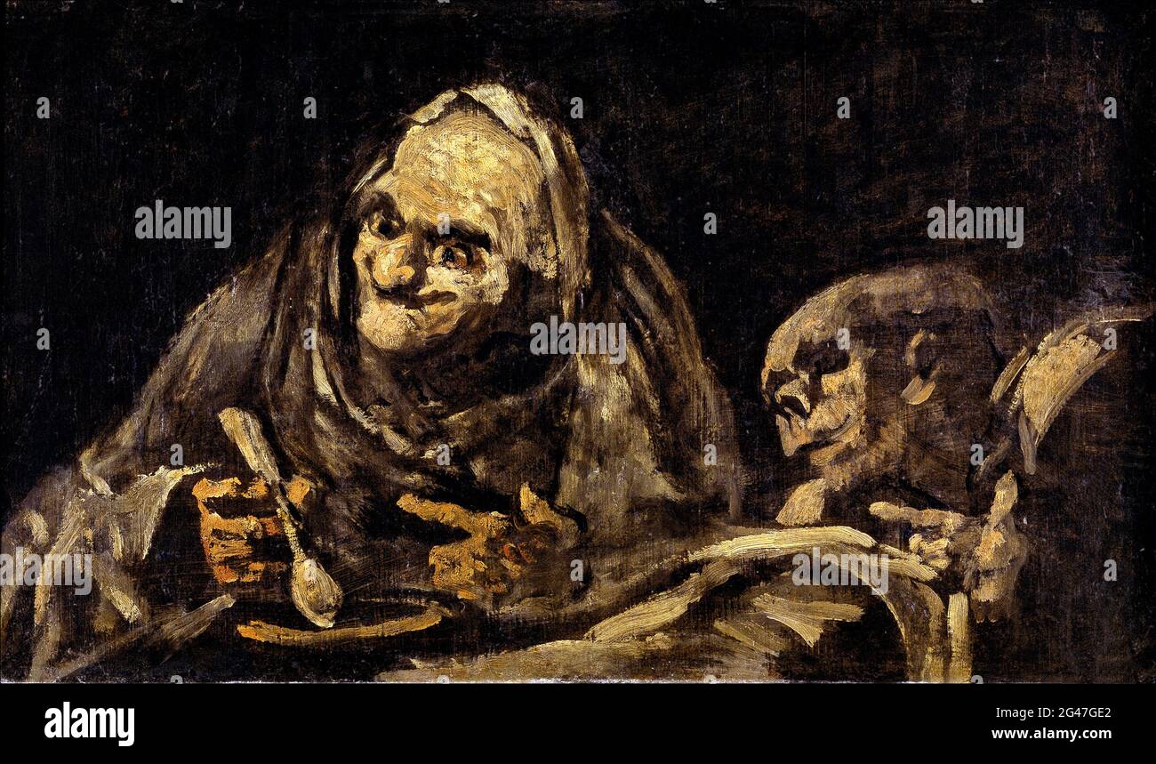Due vecchi uomini mangiando zuppa (Viejos Comiendo Sopa), uno dei dipinti neri di Francisco José de Goya y Lucientes (1746-1828), tecnica mista trasferito su tela, c.. 1819-23 Foto Stock