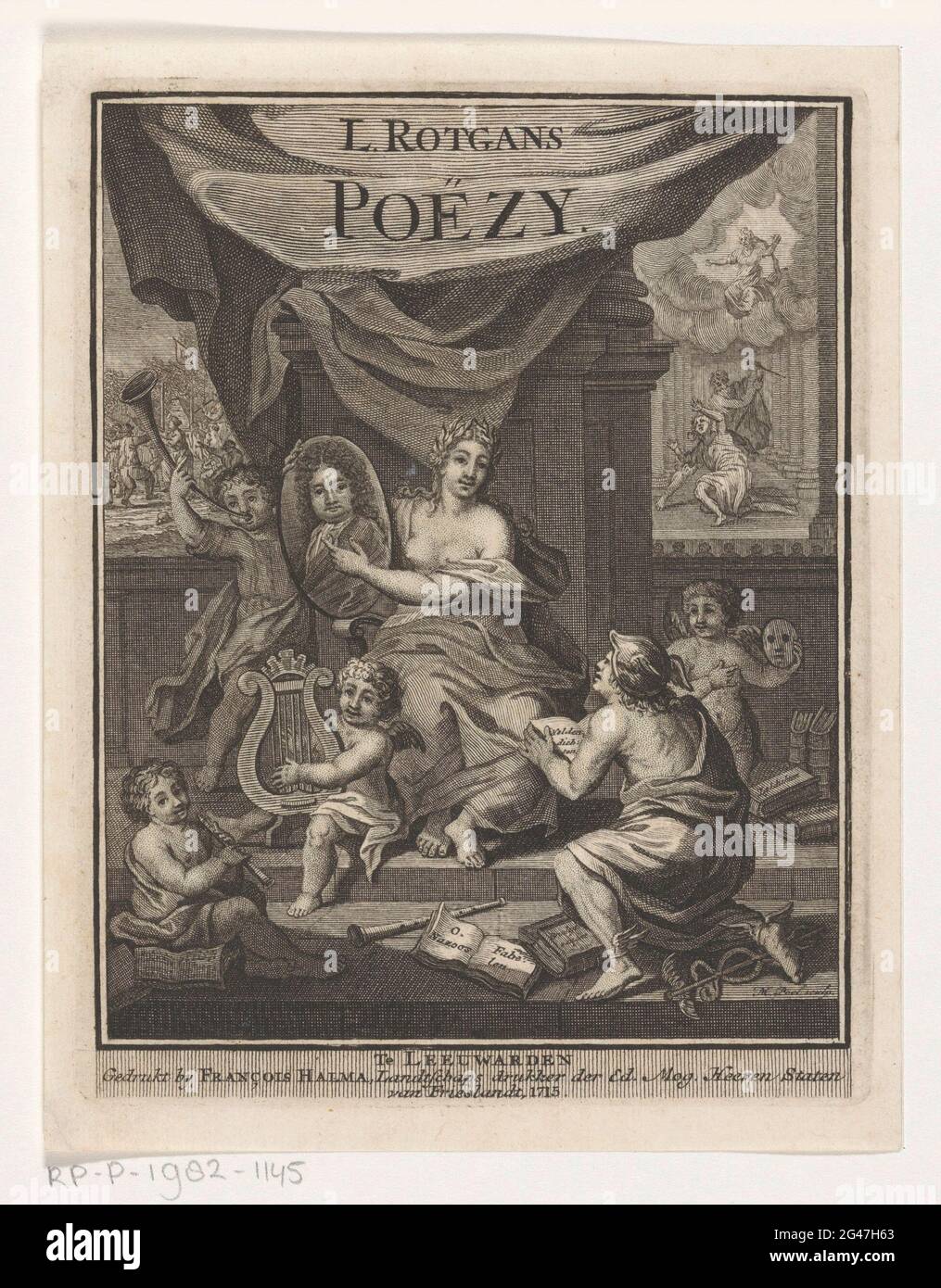 Poesia con il ritratto del poeta Lukas Rottans; pagina del titolo per: Lukas Rottgans, Poeszy, 1715. La poesia conserva nelle sue mani il ritratto del poeta Lukas Rottans. Mercury la inginocchia e indossa da un libro. Sono accompagnati da Putti con attributi che si riferiscono a musica, testi, poesia e il gioco del lutto. In cima ad un drappeggio su cui il titolo. Foto Stock